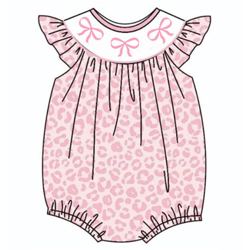 (Pre Order) Girls Summer Strawberry Pink Leopard Smocked Embroided Romper