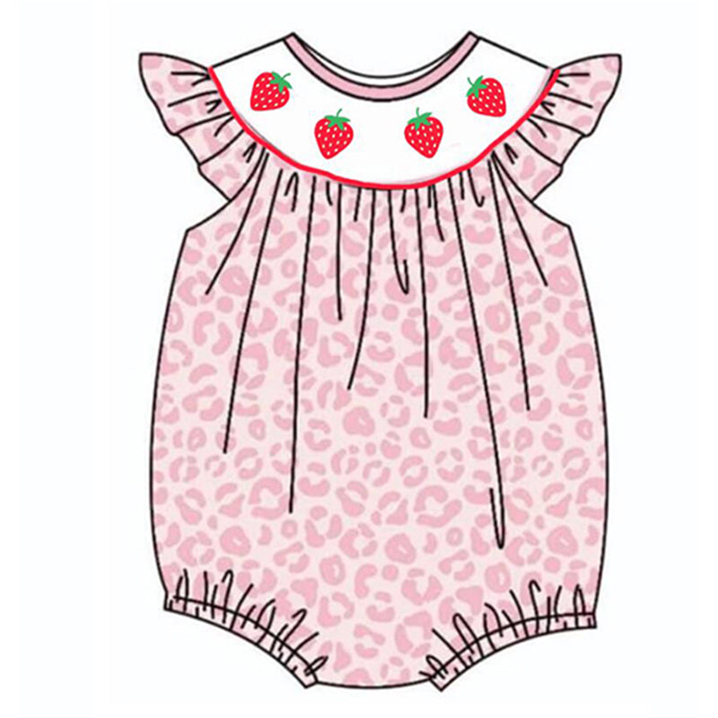 (Pre Order) Girls Summer Strawberry Pink Leopard Smocked Embroided Romper