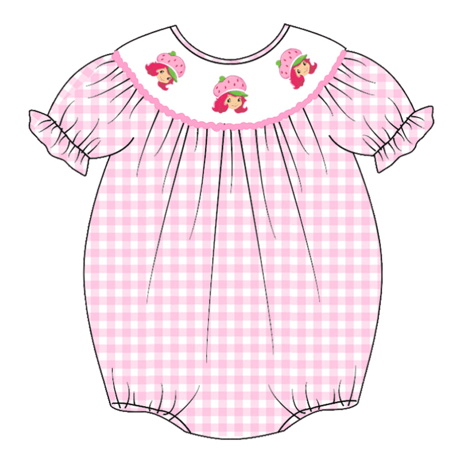 （Pre Order）Baby Girls Pink Plaid Embroidery Bubbles Smocked Romper