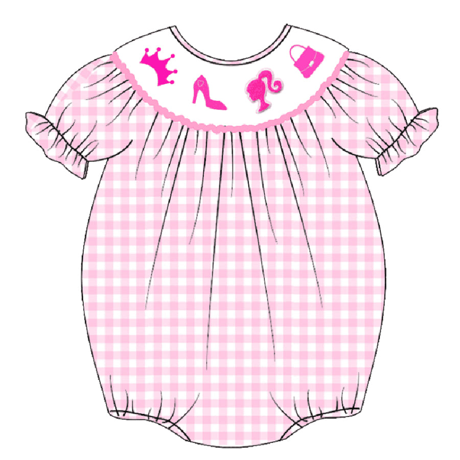 （Pre Order）Baby Girls Pink Plaid Embroidery Bubbles Smocked Romper