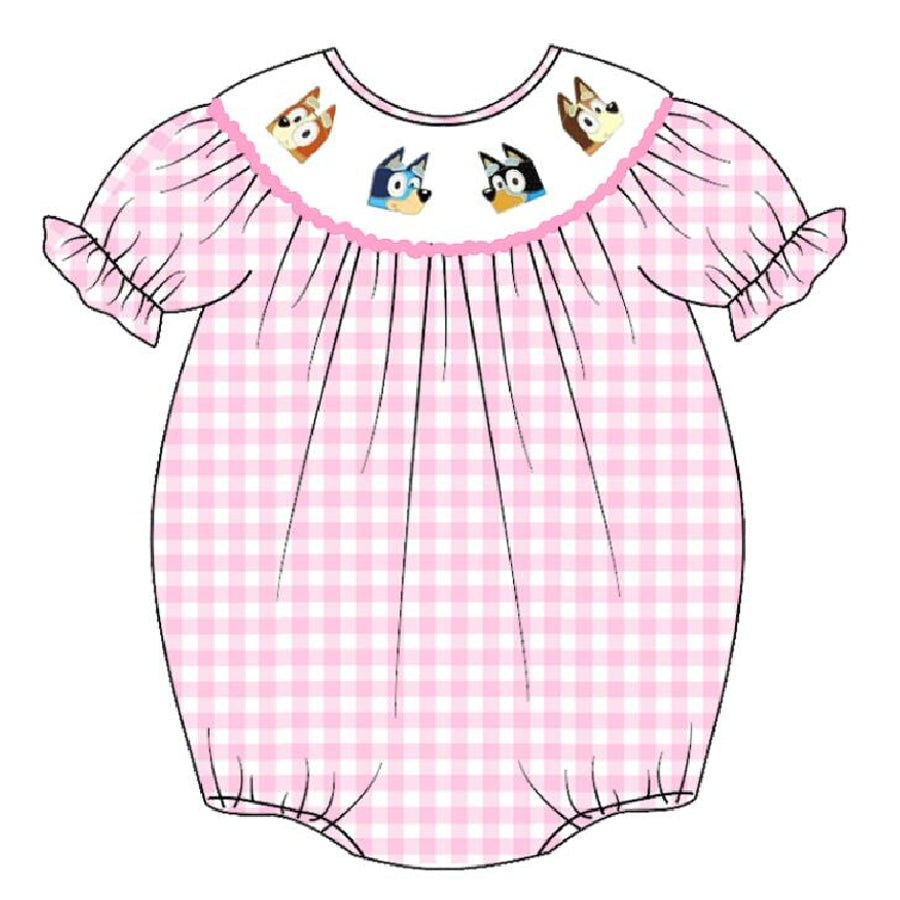 （Pre Order）Baby Girls Pink Plaid Embroidery Bubbles Smocked Romper