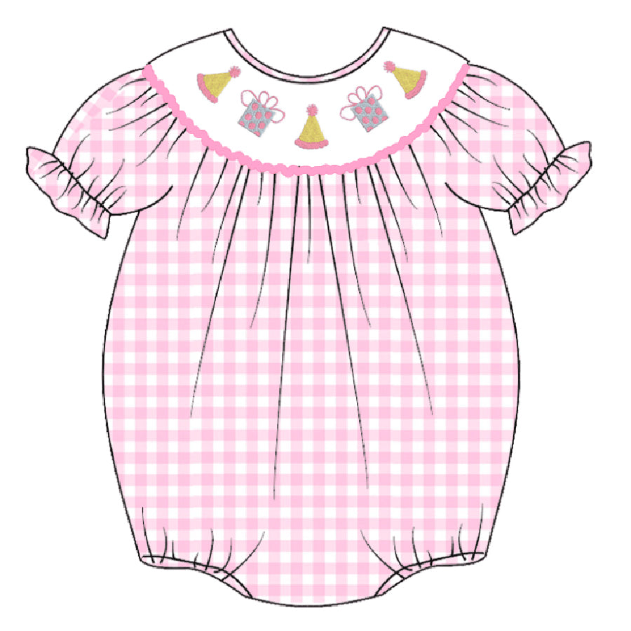 （Pre Order）Baby Girls Pink Plaid Embroidery Bubbles Smocked Romper