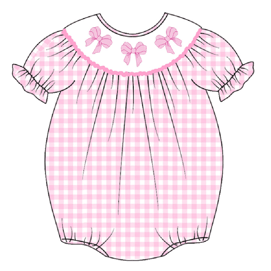 （Pre Order）Baby Girls Pink Plaid Embroidery Bubbles Smocked Romper