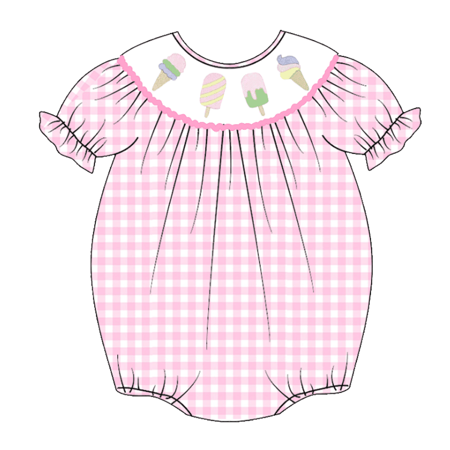 （Pre Order）Baby Girls Pink Plaid Embroidery Bubbles Smocked Romper