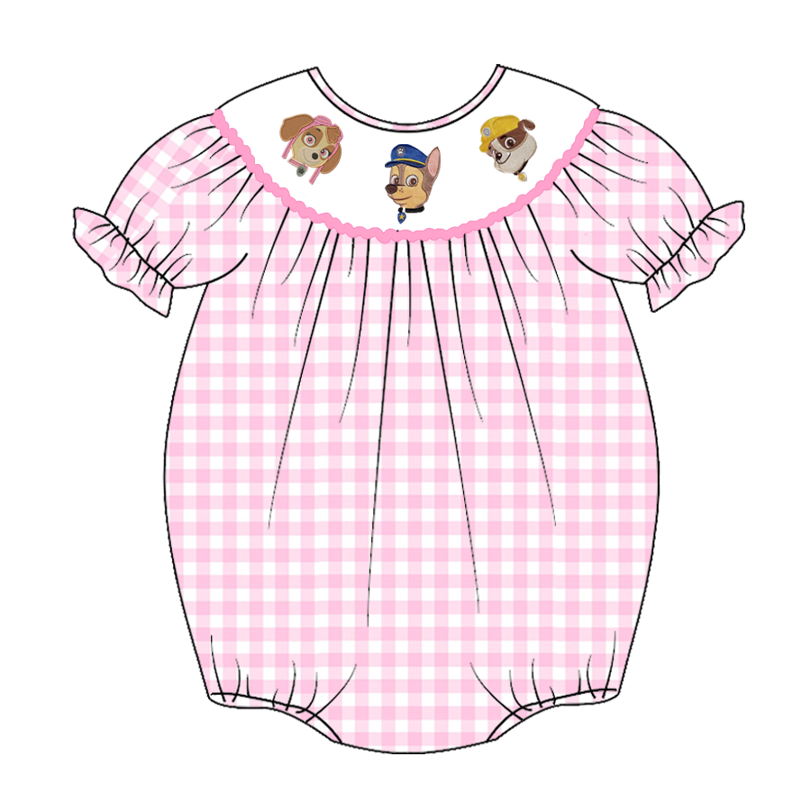 （Pre Order）Baby Girls Pink Plaid Embroidery Bubbles Smocked Romper