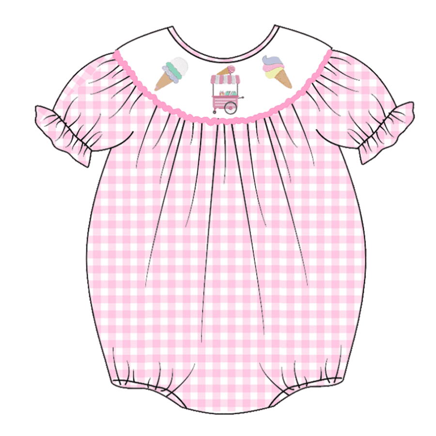 （Pre Order）Baby Girls Pink Plaid Embroidery Bubbles Smocked Romper