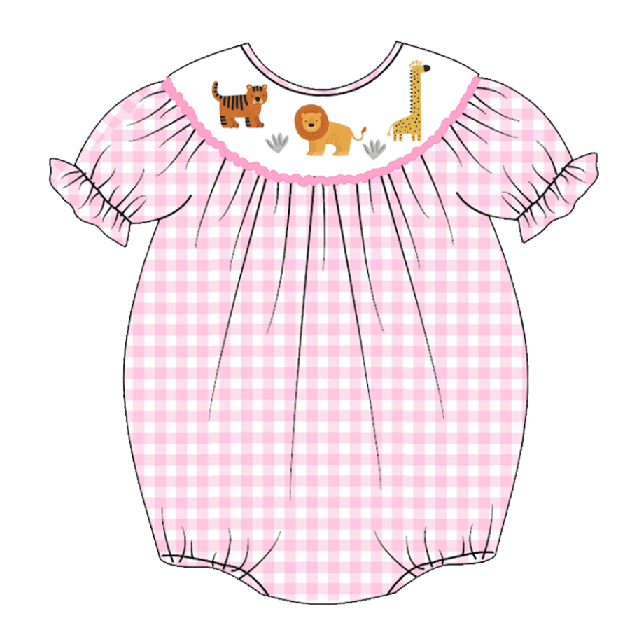 （Pre Order）Baby Girls Pink Plaid Embroidery Bubbles Smocked Romper