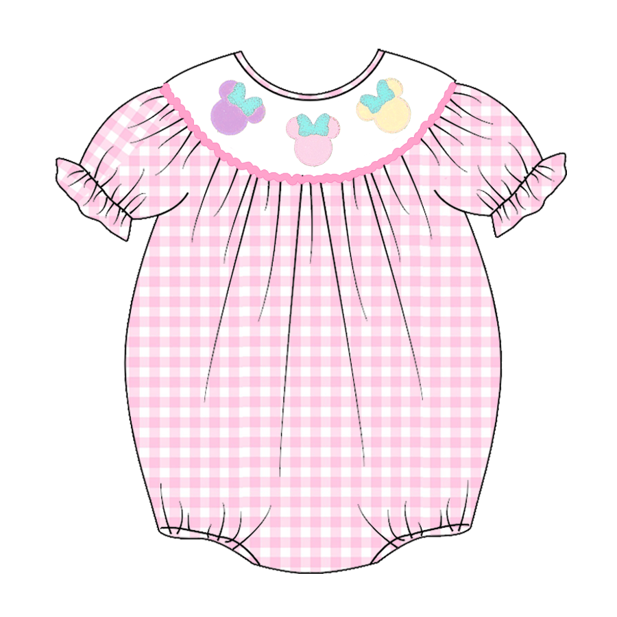 （Pre Order）Baby Girls Pink Plaid Embroidery Bubbles Smocked Romper