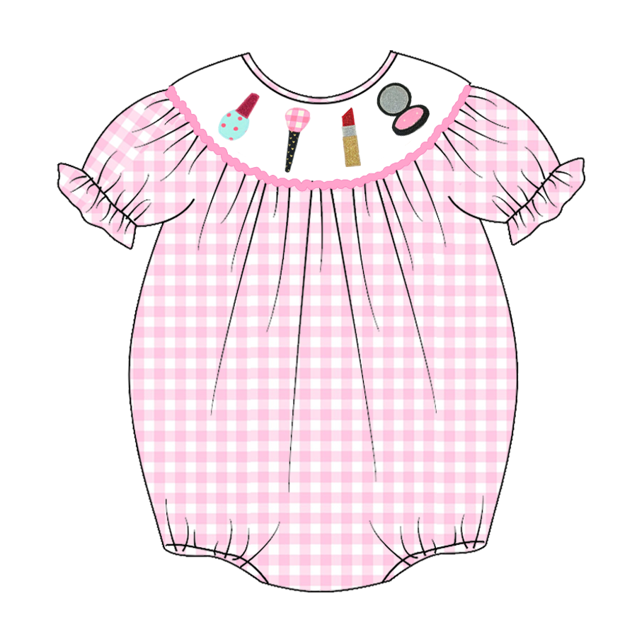 （Pre Order）Baby Girls Pink Plaid Embroidery Bubbles Smocked Romper