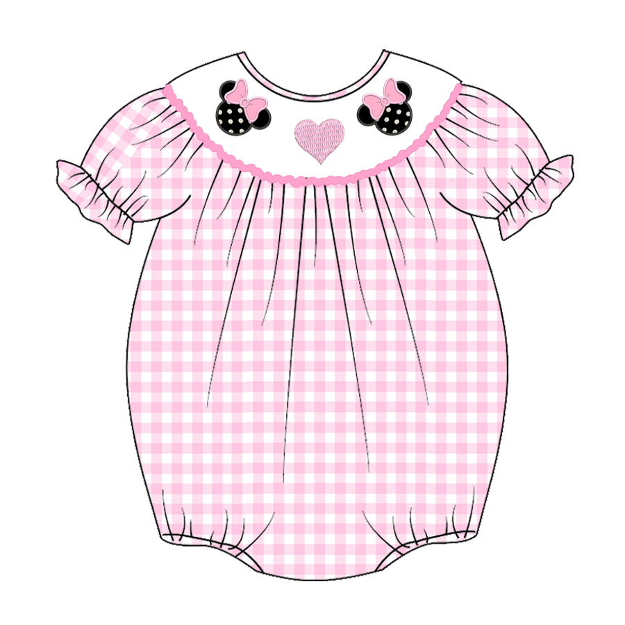 （Pre Order）Baby Girls Pink Plaid Embroidery Bubbles Smocked Romper