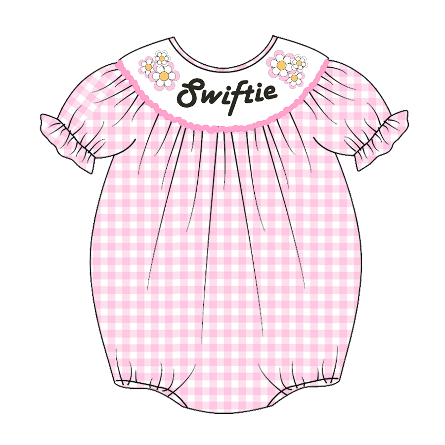 （Pre Order）Baby Girls Pink Plaid Embroidery Smocked Romper