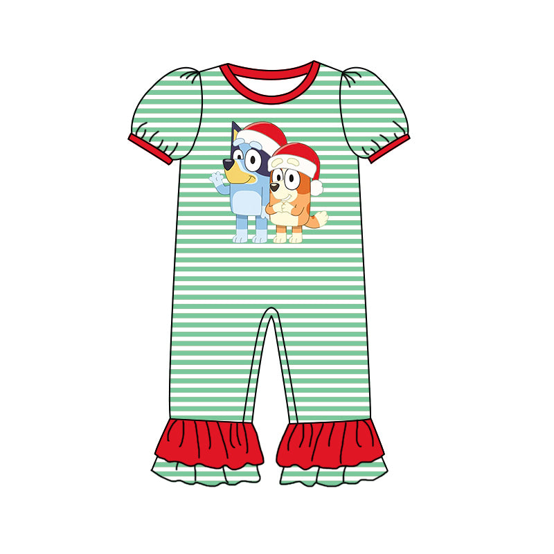 （Pre Order）Baby Girls Christmas Cartoon Print Green Stripe Romper