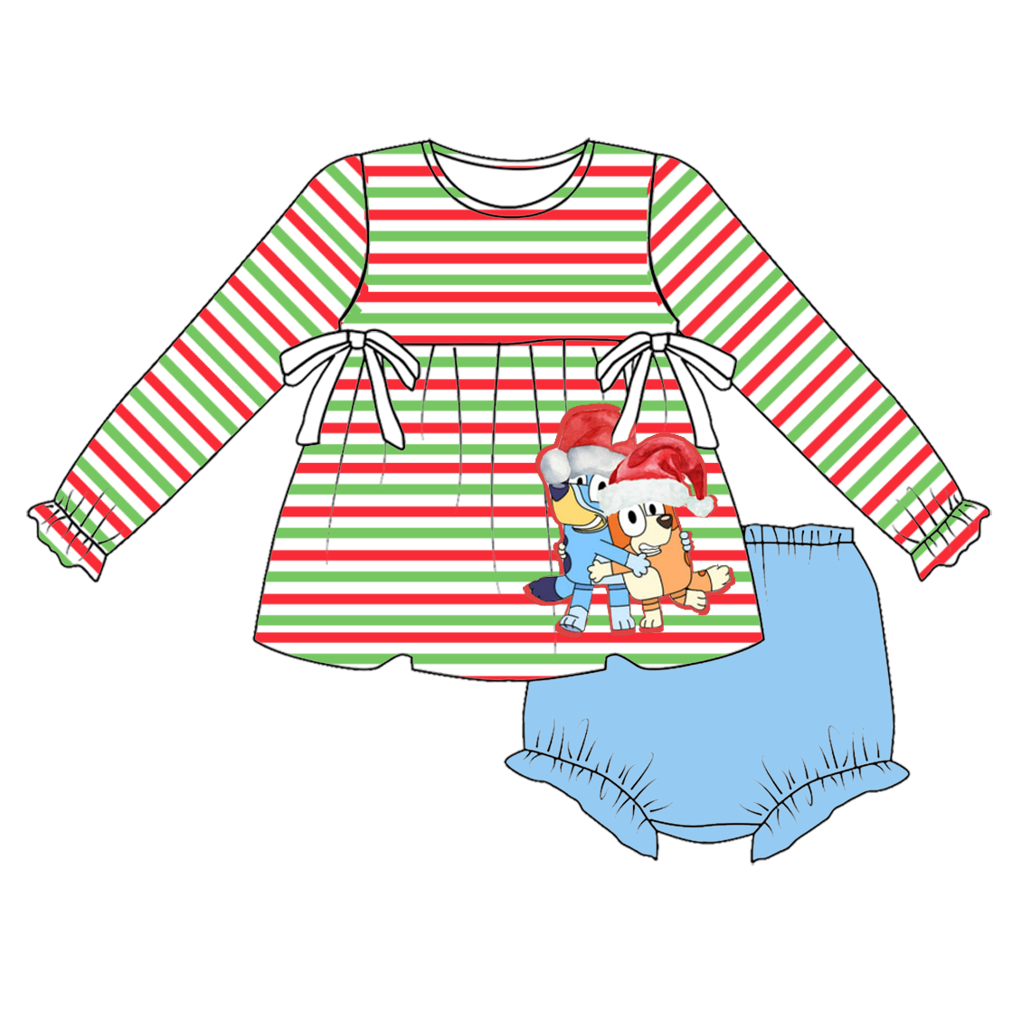 (Pre Order)Baby Girls Christmas Cartoon Print Stripe Bloomer Set