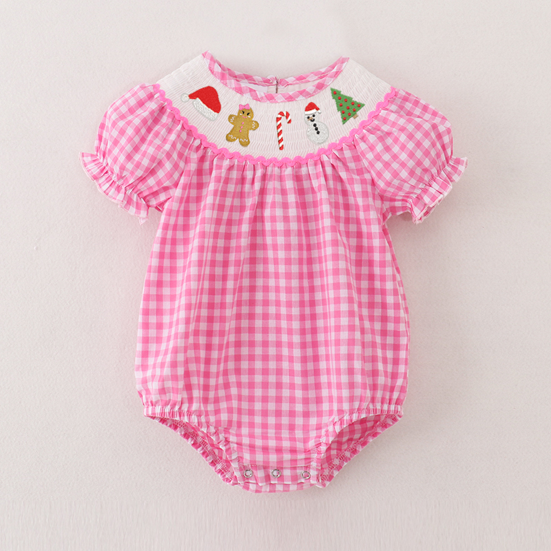 （Pre Order）Baby Girls Pink Plaid Christmas Embroidery Smocked Romper