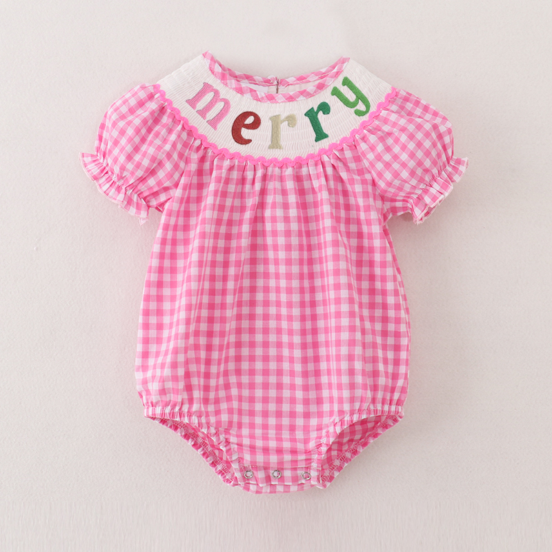 （Pre Order）Baby Girls Pink Plaid Christmas Embroidery Smocked Romper