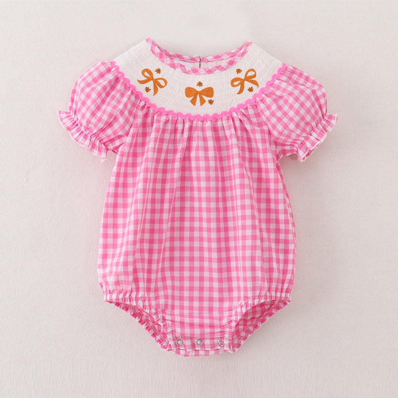 （Pre Order）Baby Girls Pink Plaid Thanksgiving Embroidery Smocked Romper