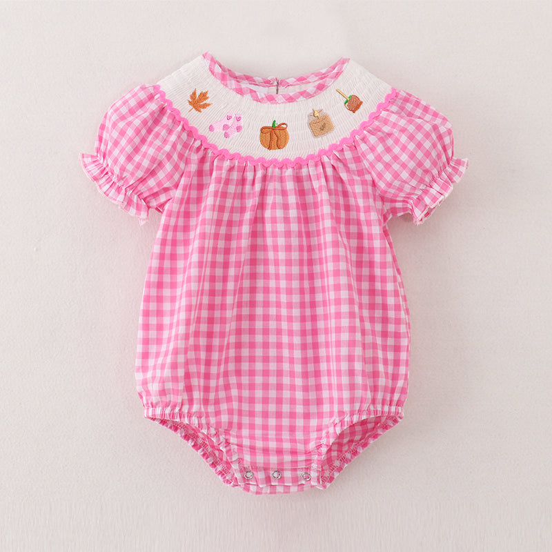 （Pre Order）Baby Girls Pink Plaid Thanksgiving Embroidery Smocked Romper