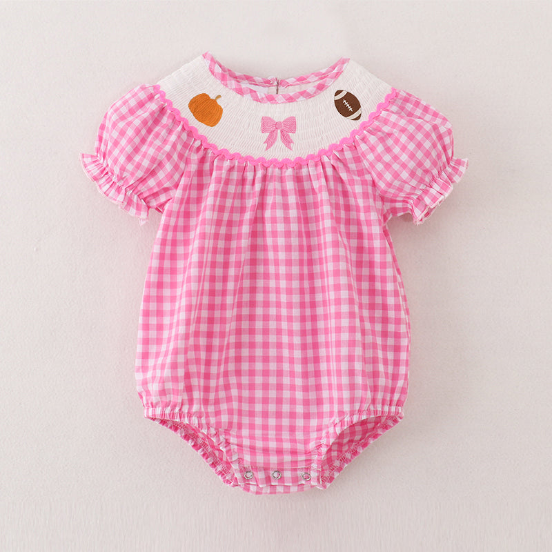 （Pre Order）Baby Girls Pink Plaid Thanksgiving Embroidery Smocked Romper