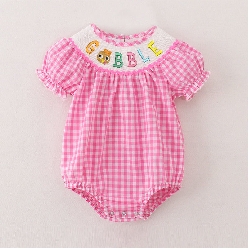 （Pre Order）Baby Girls Pink Plaid Thanksgiving Embroidery Smocked Romper