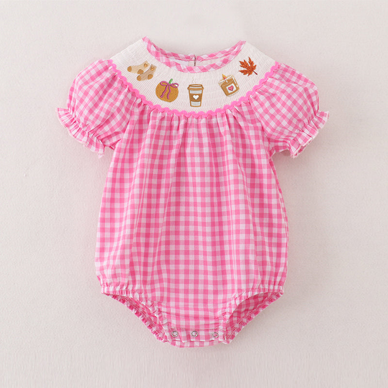 （Pre Order）Baby Girls Pink Plaid Thanksgiving Embroidery Smocked Romper