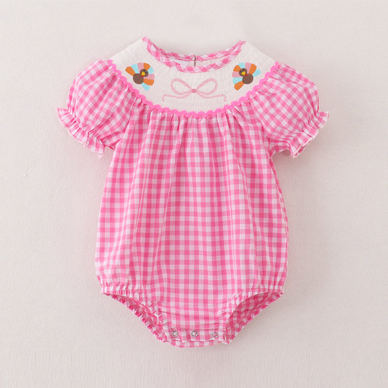 （Pre Order）Baby Girls Pink Plaid Thanksgiving Embroidery Smocked Romper