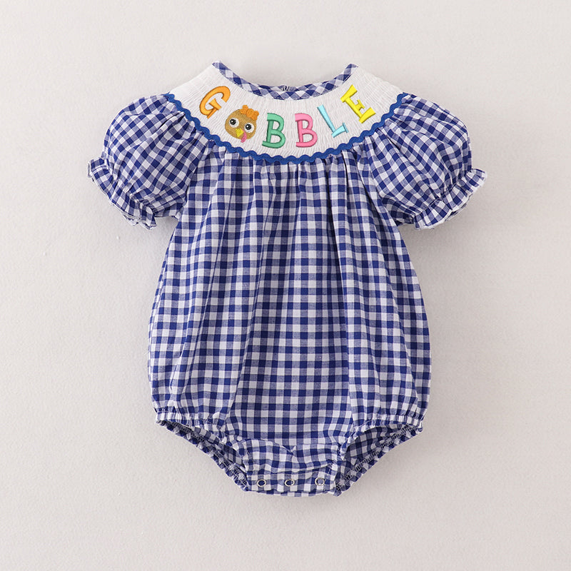 （Pre Order）Baby Girls Blue Plaid Thanksgiving Embroidery Smocked Romper