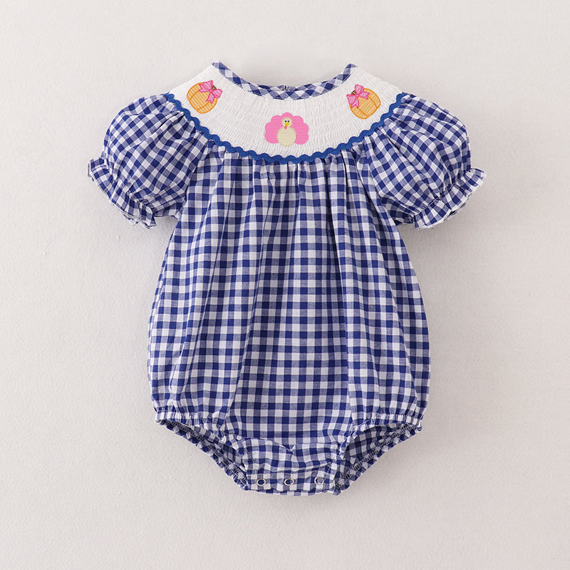 （Pre Order）Baby Girls Blue Plaid Thanksgiving Embroidery Smocked Romper