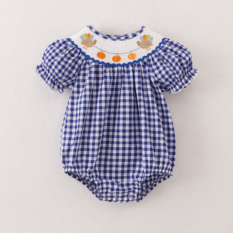 （Pre Order）Baby Girls Blue Plaid Thanksgiving Embroidery Smocked Romper