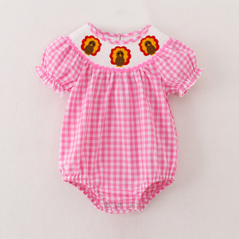 （Pre Order）Baby Girls Pink Plaid Thanksgiving Embroidery Smocked Romper