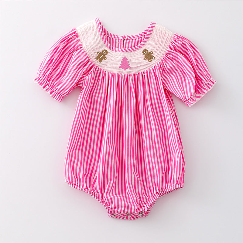 （Pre Order）Baby Girls Pink Stripe Christmas Embroidery Smocked Romper