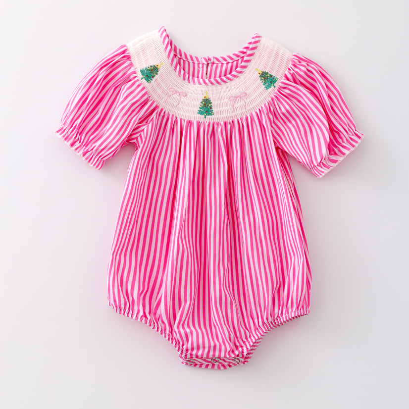 （Pre Order）Baby Girls Pink Stripe Christmas Embroidery Smocked Romper