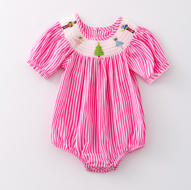 （Pre Order）Baby Girls Pink Stripe Christmas Embroidery Smocked Romper