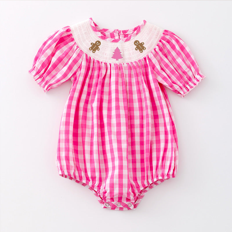 （Pre Order）Baby Girls Pink Plaid Christmas Embroidery Smocked Romper