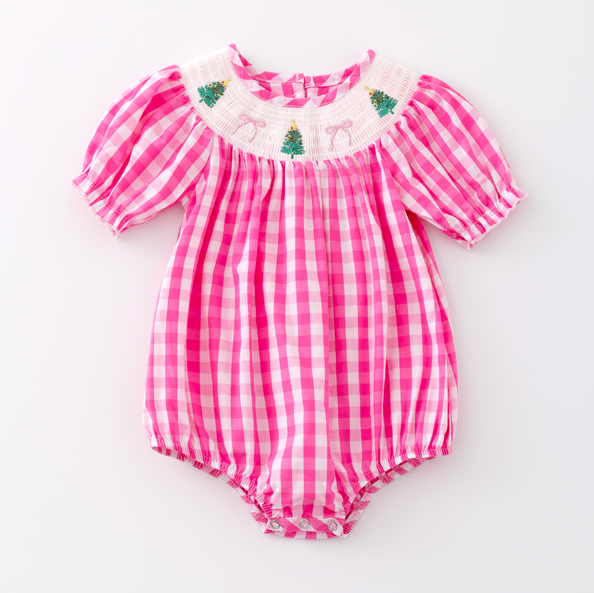 （Pre Order）Baby Girls Pink Plaid Christmas Embroidery Smocked Romper