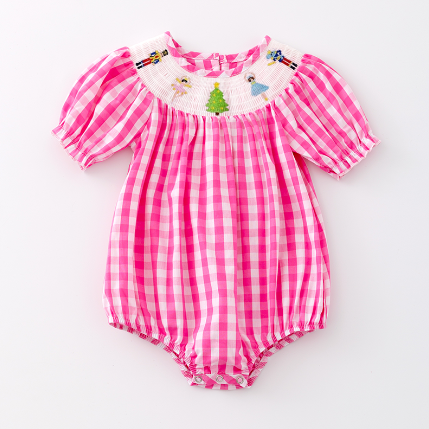 （Pre Order）Baby Girls Pink Plaid Christmas Embroidery Smocked Romper