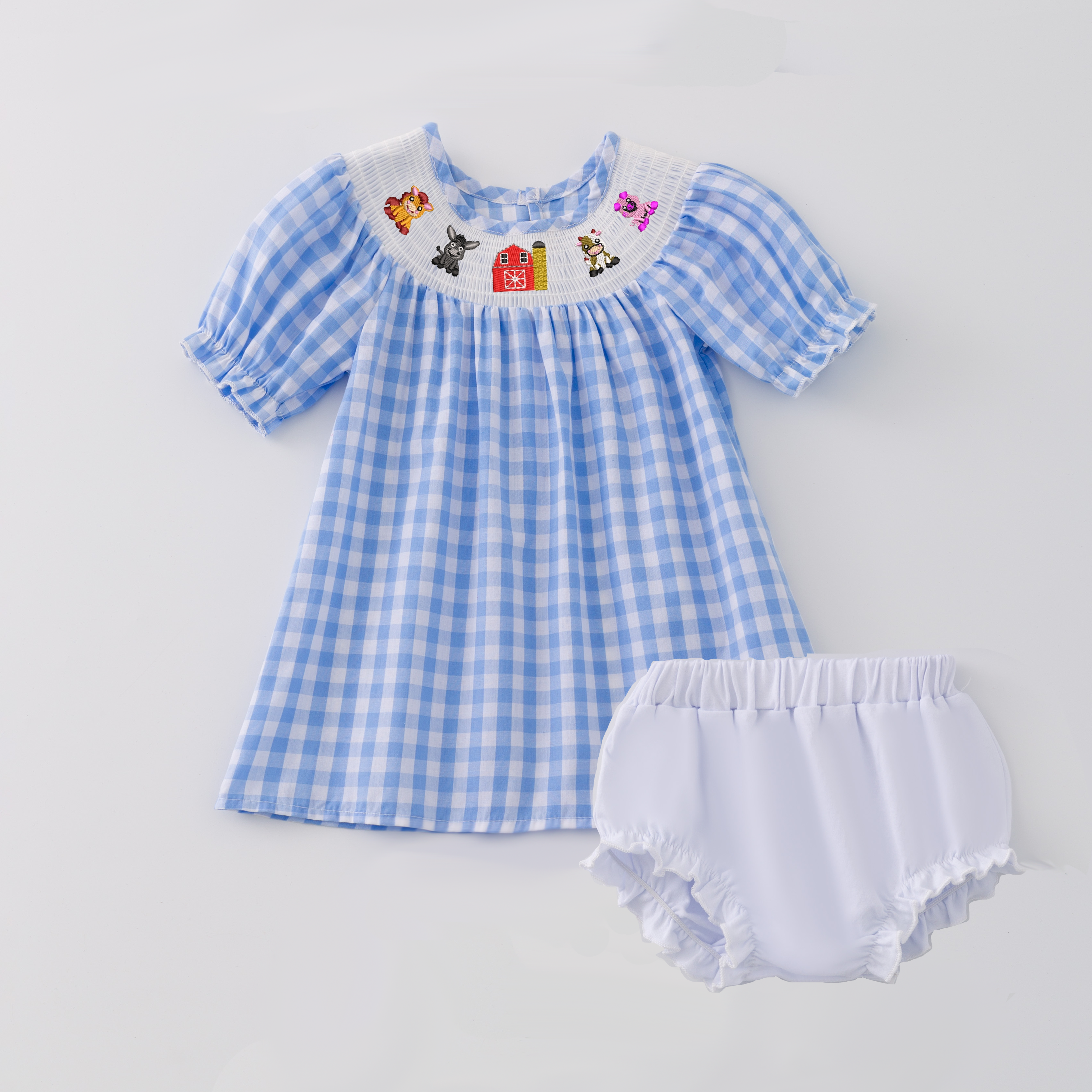 （Pre Order）Baby Girls Farm Embroidery Smocked Bloomer Set