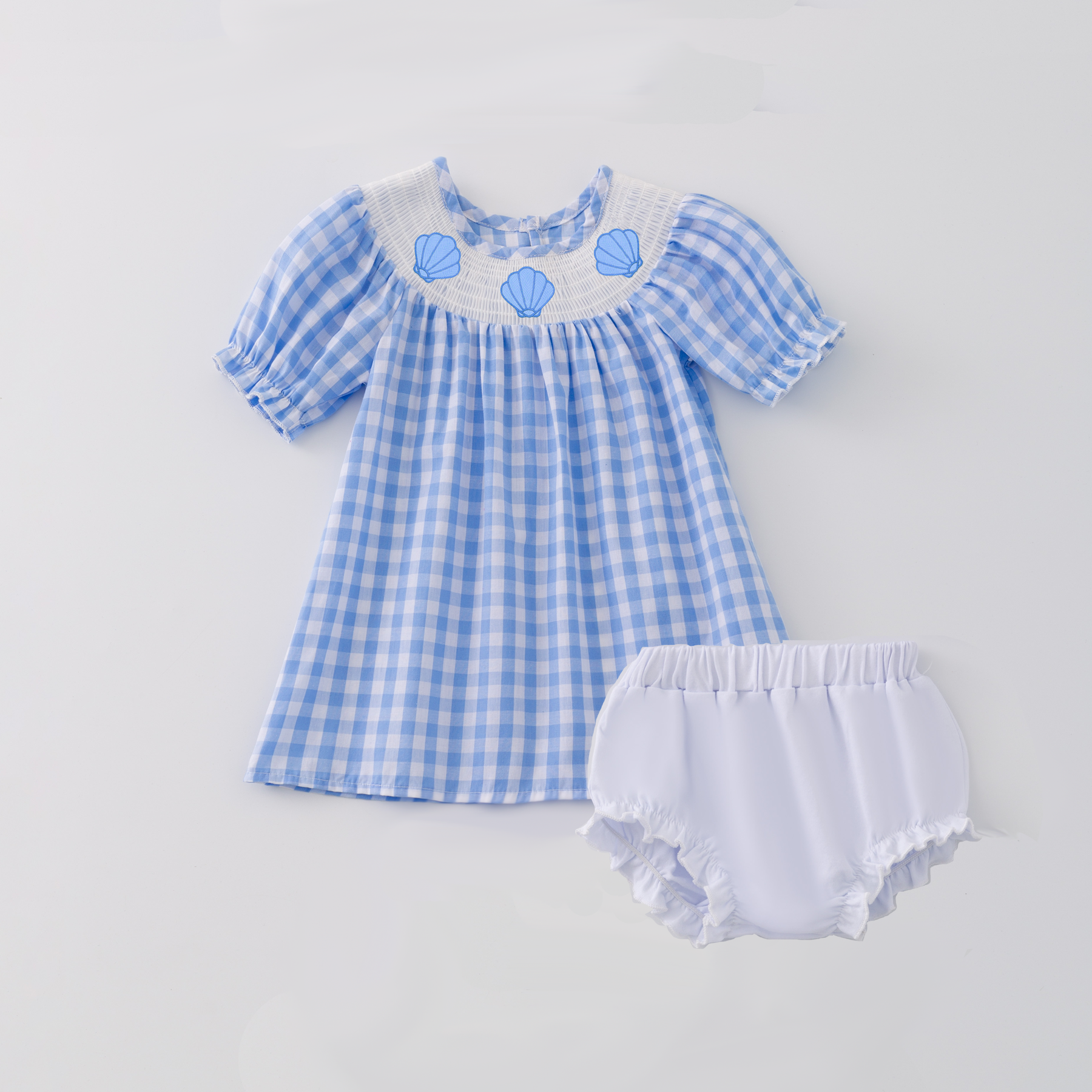 （Pre Order）Girls and Boys Spring＆Summer Sea Shell Embroidery Smocked Dress Romper Outfit