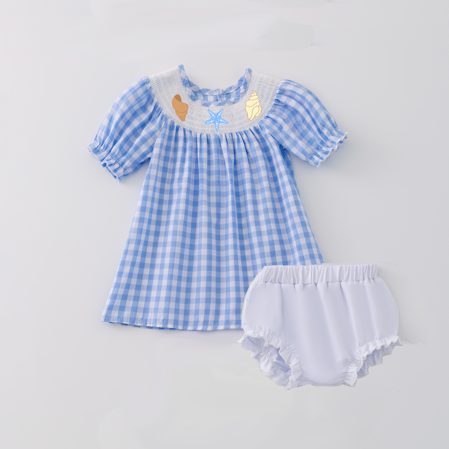 （Pre Order）Girls and Boys Spring＆Summer Sea Shell Embroidery Smocked Dress Romper Outfit