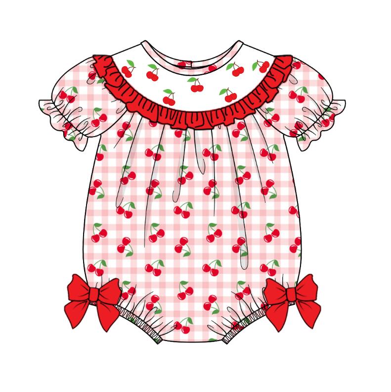 （Pre Order）Mommy and Me Spring＆Summer Cherry Embroidery Smocked Dress,Romper