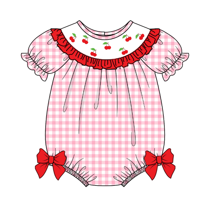 （Pre Order）Mommy and Me Spring＆Summer Cherry Embroidery Smocked Dress,Romper