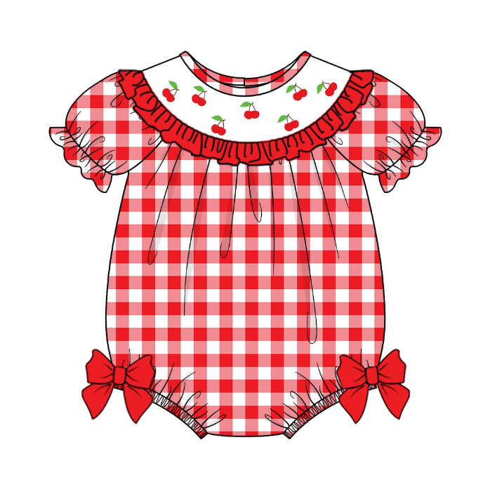 （Pre Order）Mommy and Me Spring＆Summer Cherry Embroidery Smocked Dress,Romper