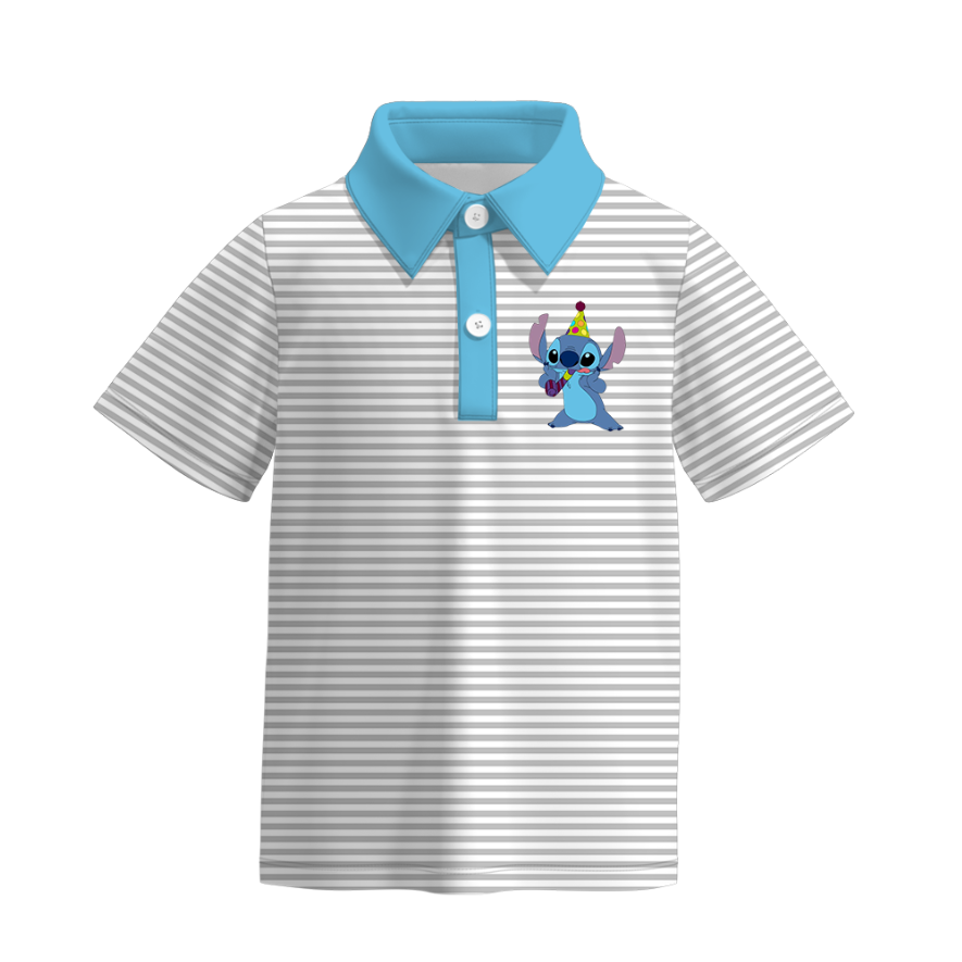 （Pre Order）Boy's Birthday Cartoon Print Stripe Polo T-Shirt