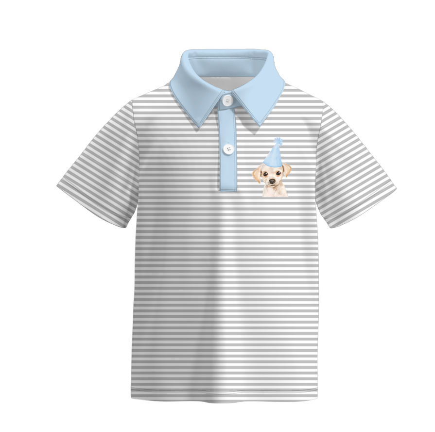 （Pre Order）Boy's Birthday Cartoon Print Stripe Polo T-Shirt