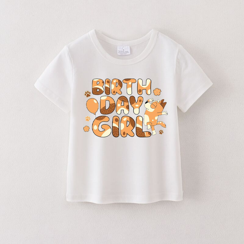 （Pre Order）Girls Cotton Birthday Cartoon Print White T-shirt