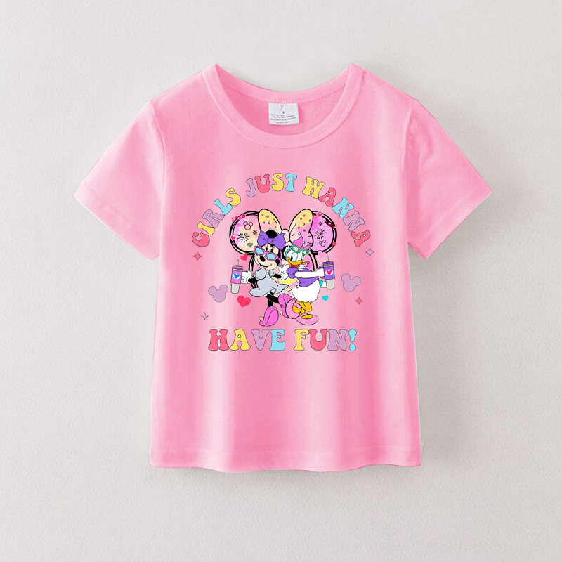 （Pre Order）Summer Girls Pink Cotton Cartoon Print T-shirt