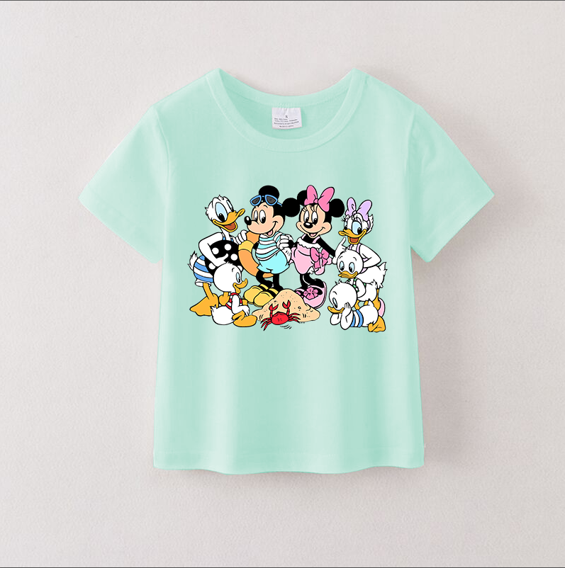 （Pre Order）Summer Girls Cotton Cartoon Print Mint T-shirt