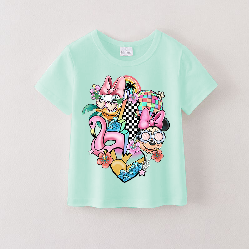 （Pre Order）Summer Girls Cotton Cartoon Print Mint T-shirt