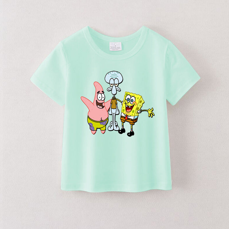 （Pre Order）Summer Girls Mint Cotton Cartoon Print T-shirt