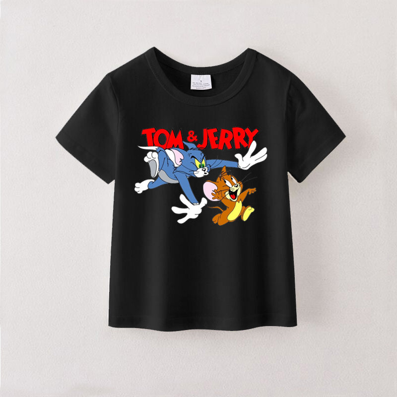 （Pre Order）Summer Girls Black Cotton Cartoon Print T-shirt