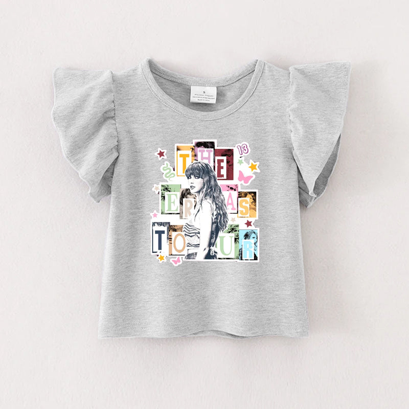 （Pre Order）Girls Cartoon Print Grey Cotton Ruffles Top